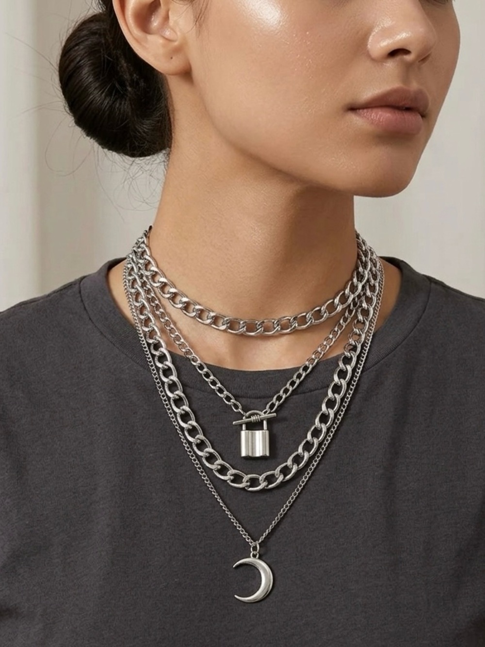 Silver-Toned Layered Chain Necklace 3-Piece Stack